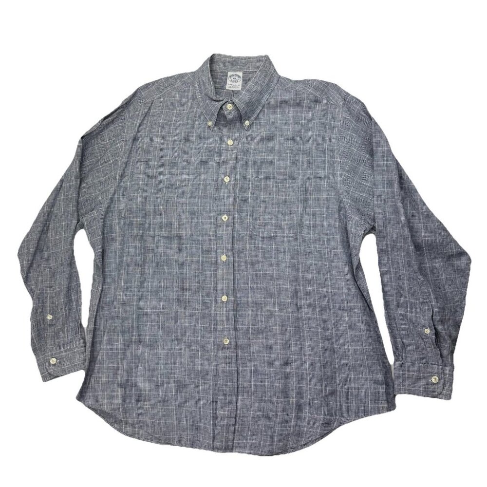 Brooks Brothers Irish Linen Shirt XXL Men Blue Plaid Long Sleeve Button Down